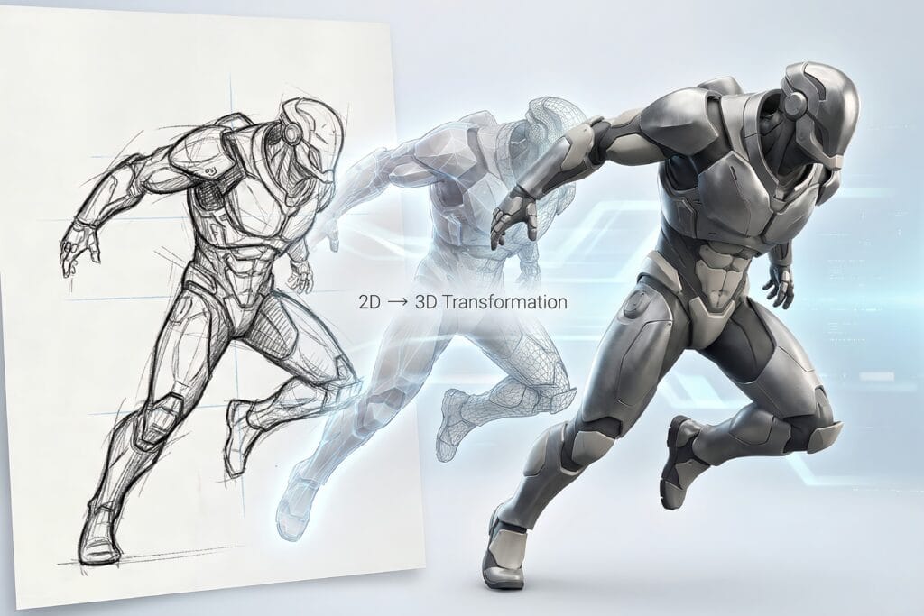 A completed 3D mechanical part model generated from a converted 2D hand-drawn concept.