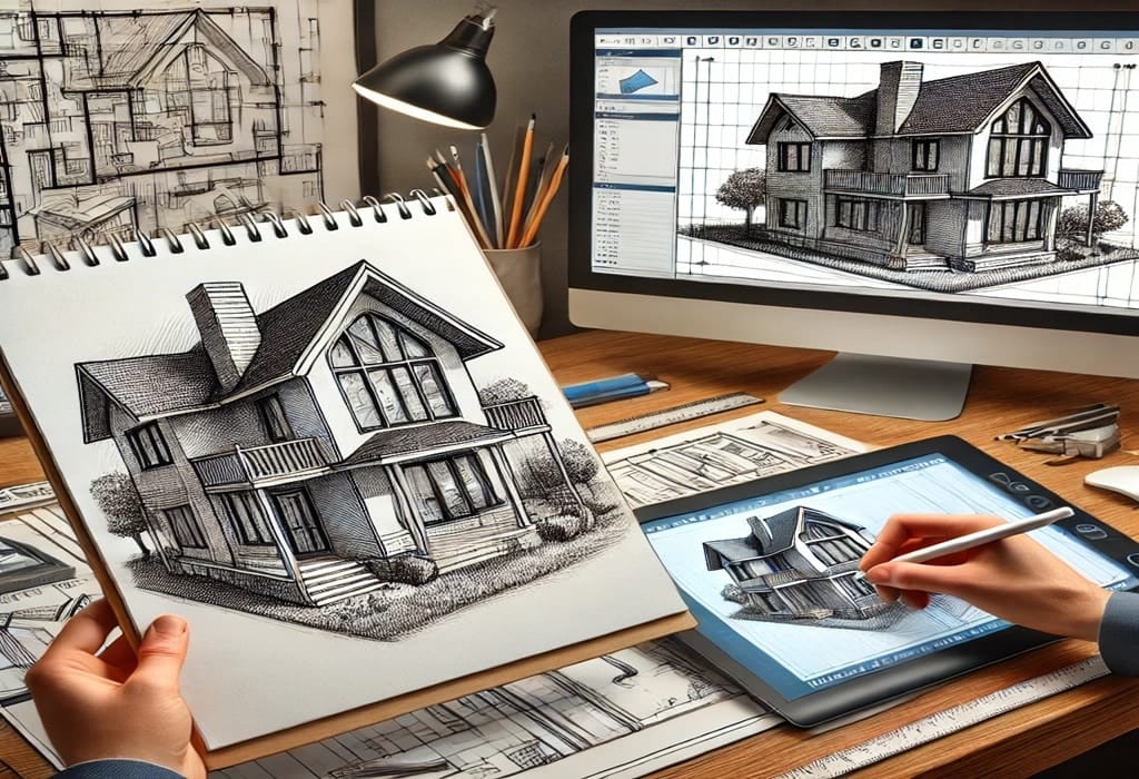 Professional comparison showing a manual hand sketch being converted into a precise 2D CAD drafting layout.
