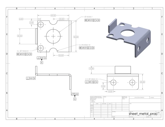 Sheet metal engineering drawing featuring GD&T symbols, linear dimensions, and bending angle specifications.
