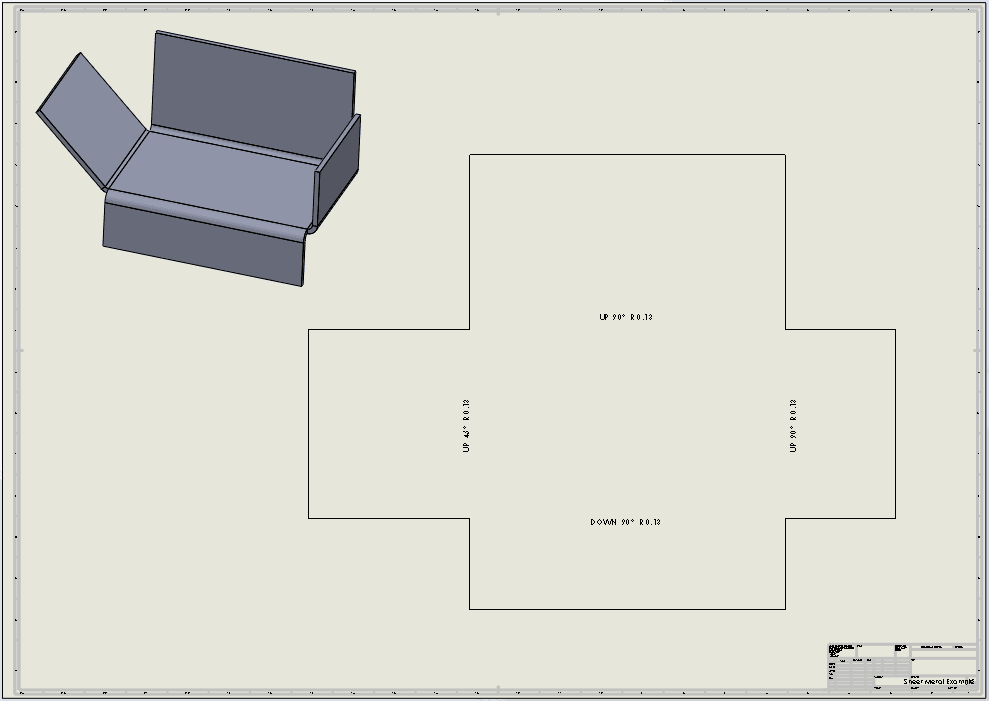 Technical 2D flat pattern layout of a sheet metal part with bend allowance and deduction lines for laser cutting.